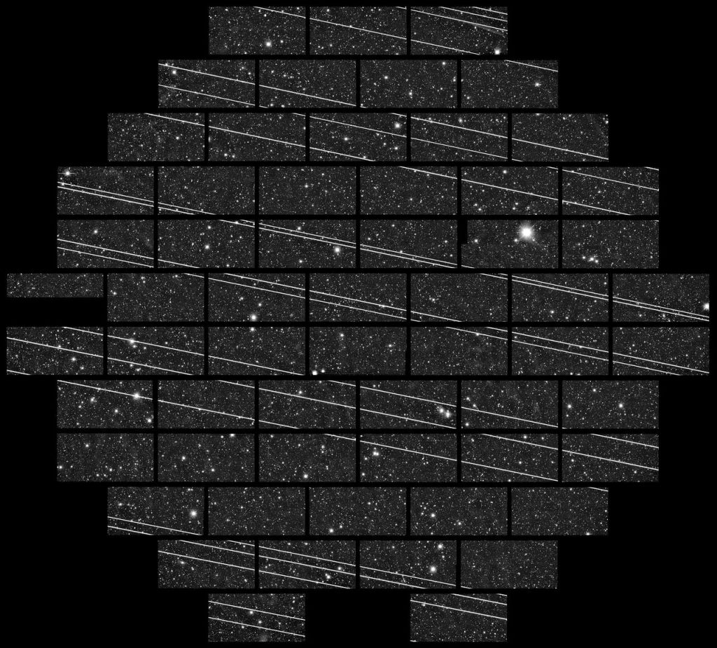 CTIO Mayall 4m DECam: A train of SpaceX Starlink satellites is seen in the night sky in this image captured with DECam on the Blanco 4-meter telescope at the Cerro Tololo Inter-American Observatory (CTIO) by astronomers Clara Martínez-Vázquez and Cliff Johnson.