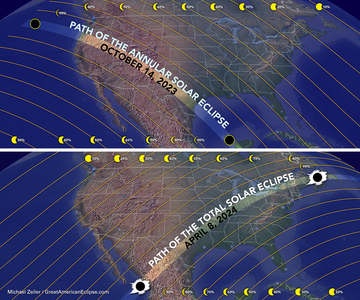 October 2023 and April 2024 Solar Eclipse Maps
