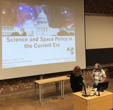 The previous John N. Bahcall Fellow, Ashlee Wilkins, preparing to give a policy talk at University of Washington, October 2018