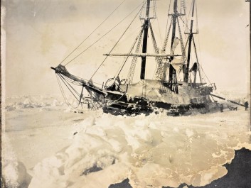 Photograph of the ship Fram, frozen in the polar ice.