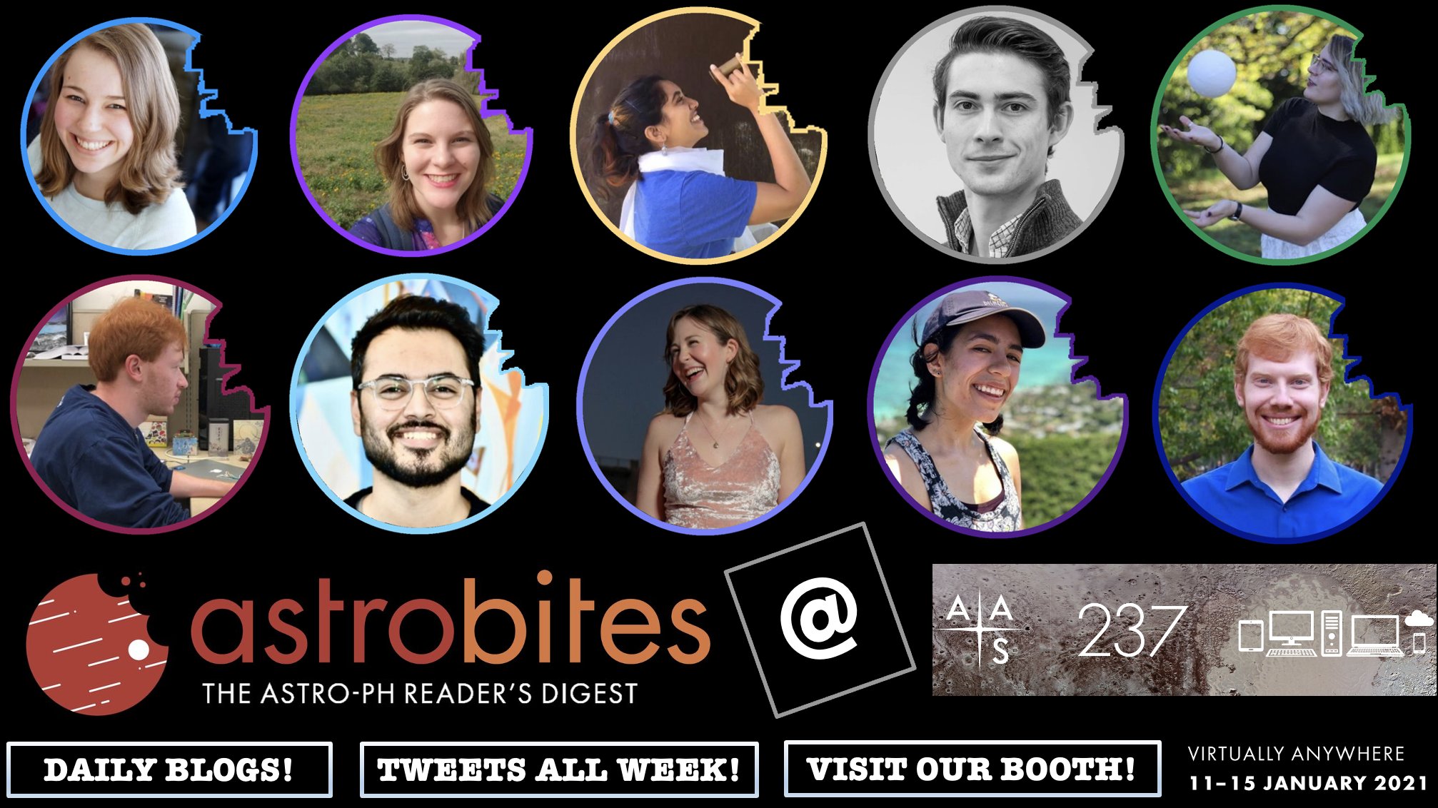 Poster illustration featuring seven photos of people and the astrobites and AAS236 logos.
