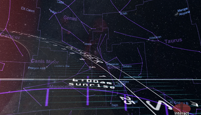 A virtual planetarium where students explore the constellations and their visibility at different locations and times.