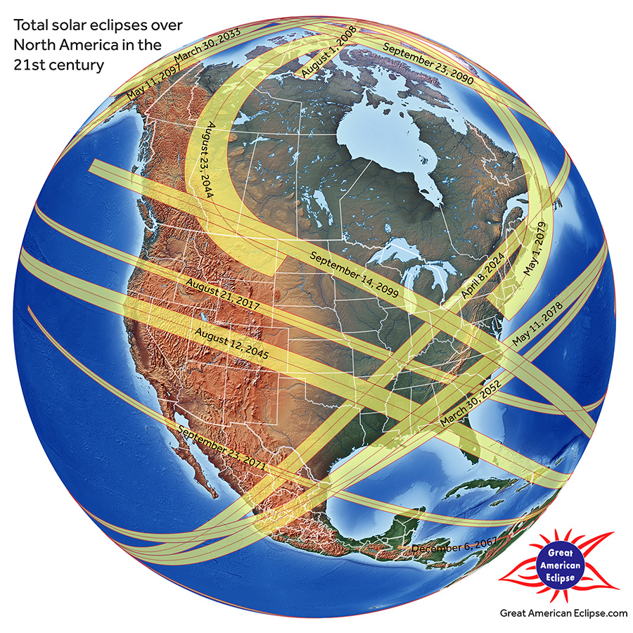 Earth globe showing paths of total solar eclipses over North America in the 21st century.