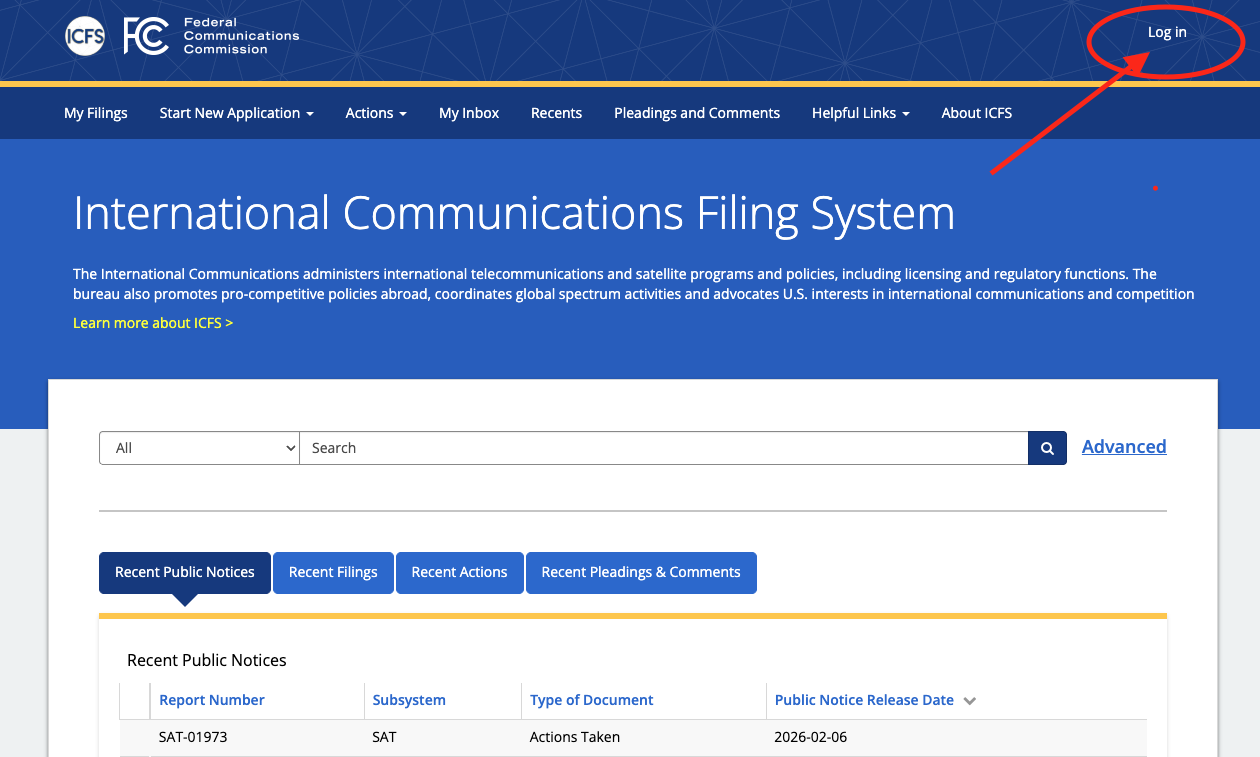 Screenshot of FCC ICFS Log In Page