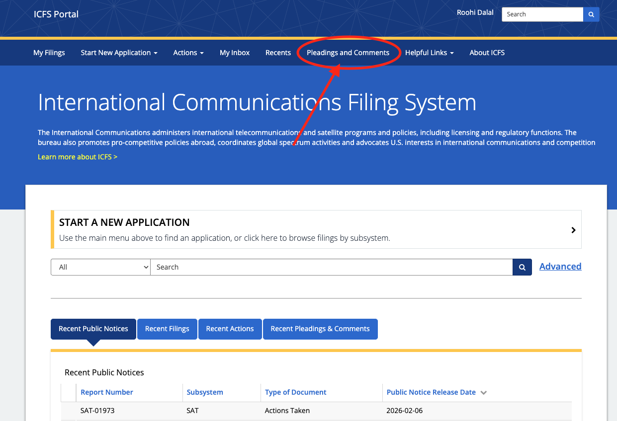 Screenshot of FCC ICFS Pleadings and Comments Page