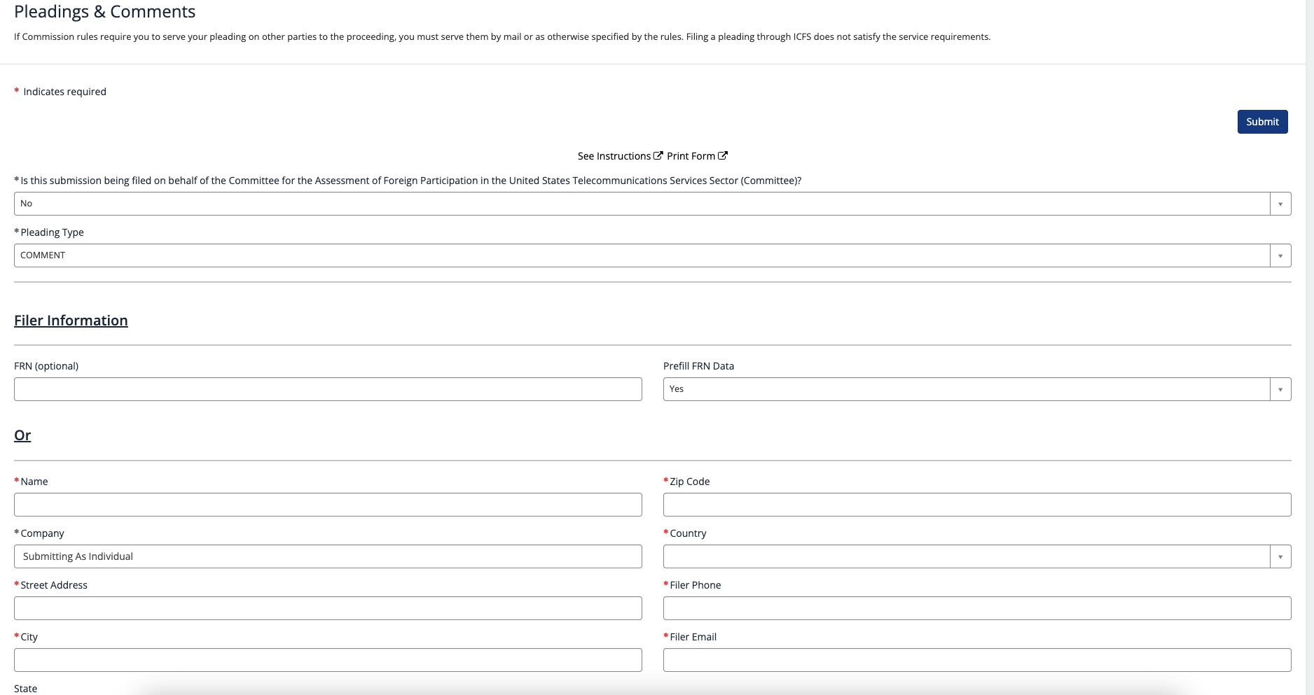 First Half of Pleadings and Comments Page.