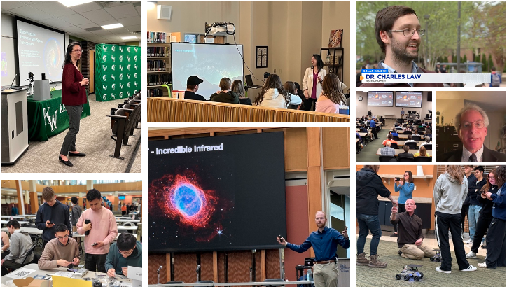 Top: Dr. Hart’s Shapley Lecture included K-12 audiences, the community college and meetings with faculty and staff. Top right and right middle: Dr. Law presented at the 2024 Solar Eclipse watch party at Chattanooga State. Far right, middle: Dr. Leisawitz teamed up with Dr. Foley to present at Elgin Community College. Bottom left: Students at Elgin Community College learning how to build rovers during their Shapley event. Bottom middle: Dr. Foley discusses the physics of infrared light curves. Bottom right: Elgin physics professor Richard Jesik helps students test their rovers.