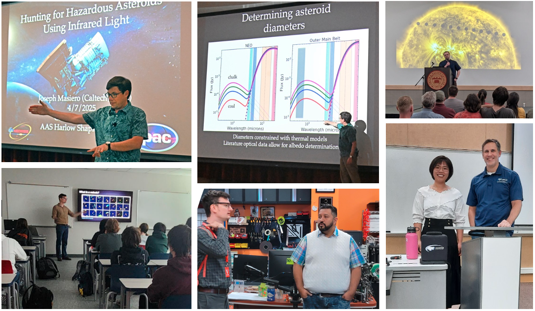 Top left, middle: Dr. Masiero’s Shapley Lectures at Grossmont Community College and at Mt. San Jacinto College discussed his research to protect humanity by understanding the movement of comets and asteroids. Top right, Nathan McGregor discusses Venus at Yakima Valley College. Bottom left, middle: Dr. Rutkowski’s busy itinerary included lectures at several community colleges throughout the Dallas-Fort Worth area. At Harmony Science Academy – Dallas High, Dr. Rutkowski visits instructor Fernando Cepeda’s robots lab. Bottom right: Dr. Xinnan Du’s Shapley Lecture at Modesto Junior College, hosted by Professor Daniel Chase, discussed the interplay of gas and stars in “How Galaxies Breathe”.