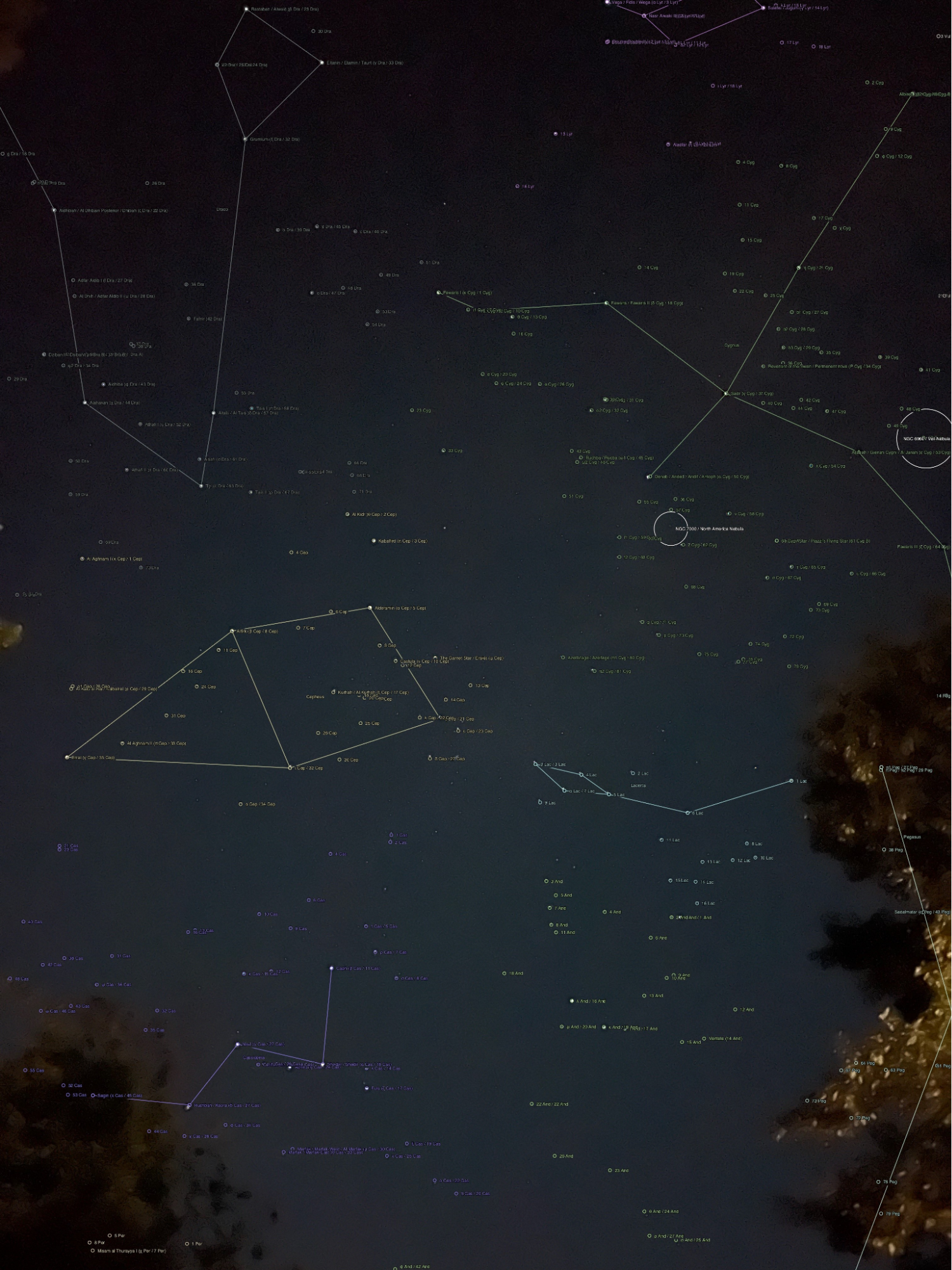 The image shows a mobile phone night sky image with star candidates matched to Yale Bright Star and Henry Draper catalogs.