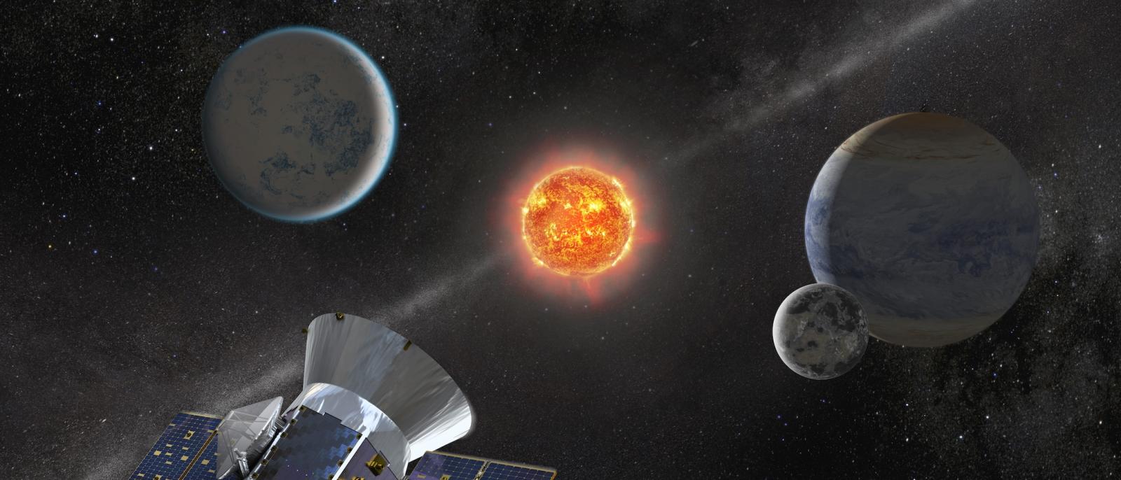 illustration of the Transiting Exoplanet Survey Satellite viewing a star with several planets